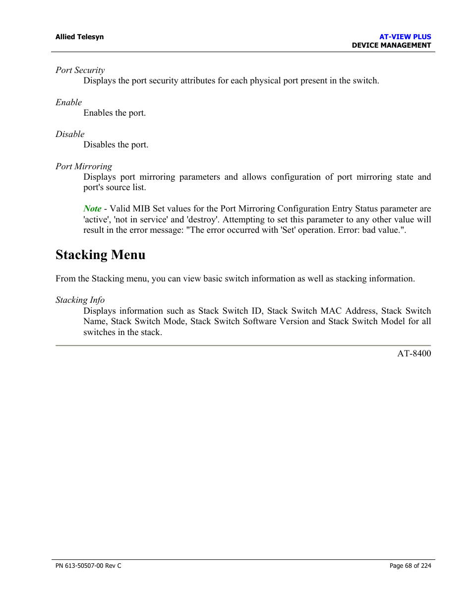 Stacking menu | Allied Telesis AT-VIEW PLUS 2.3 DEVICE MANAGEMENT User Manual | Page 68 / 224