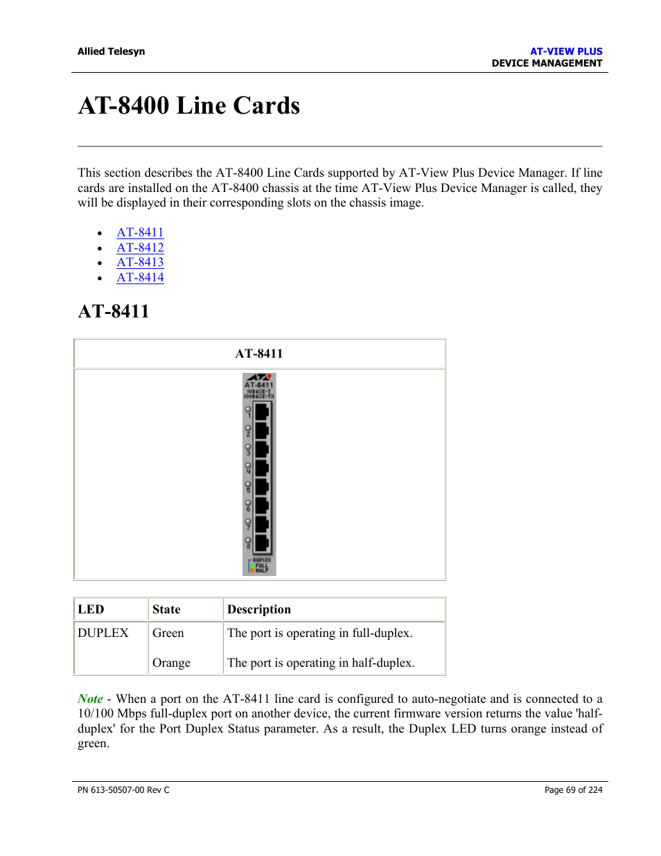 At-8400 line cards, At-8411 | Allied Telesis AT-VIEW PLUS 2.3 DEVICE MANAGEMENT User Manual | Page 69 / 224