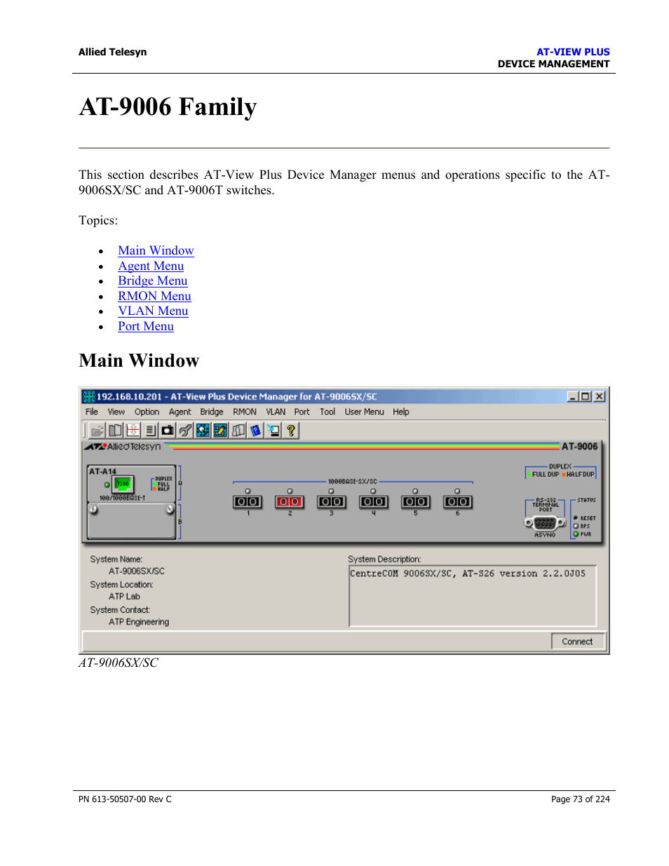 At-9006 family, Main window | Allied Telesis AT-VIEW PLUS 2.3 DEVICE MANAGEMENT User Manual | Page 73 / 224