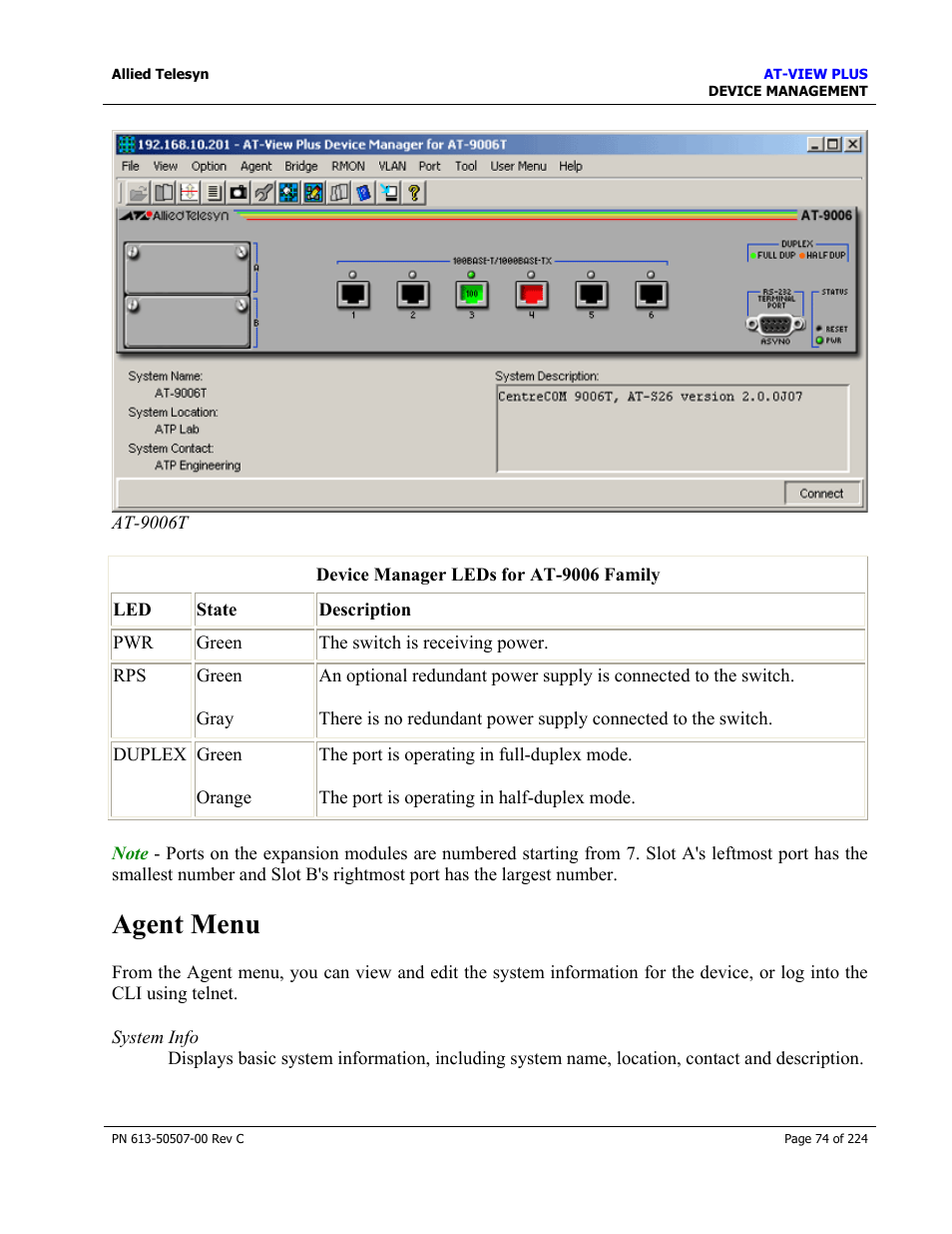 Agent menu | Allied Telesis AT-VIEW PLUS 2.3 DEVICE MANAGEMENT User Manual | Page 74 / 224