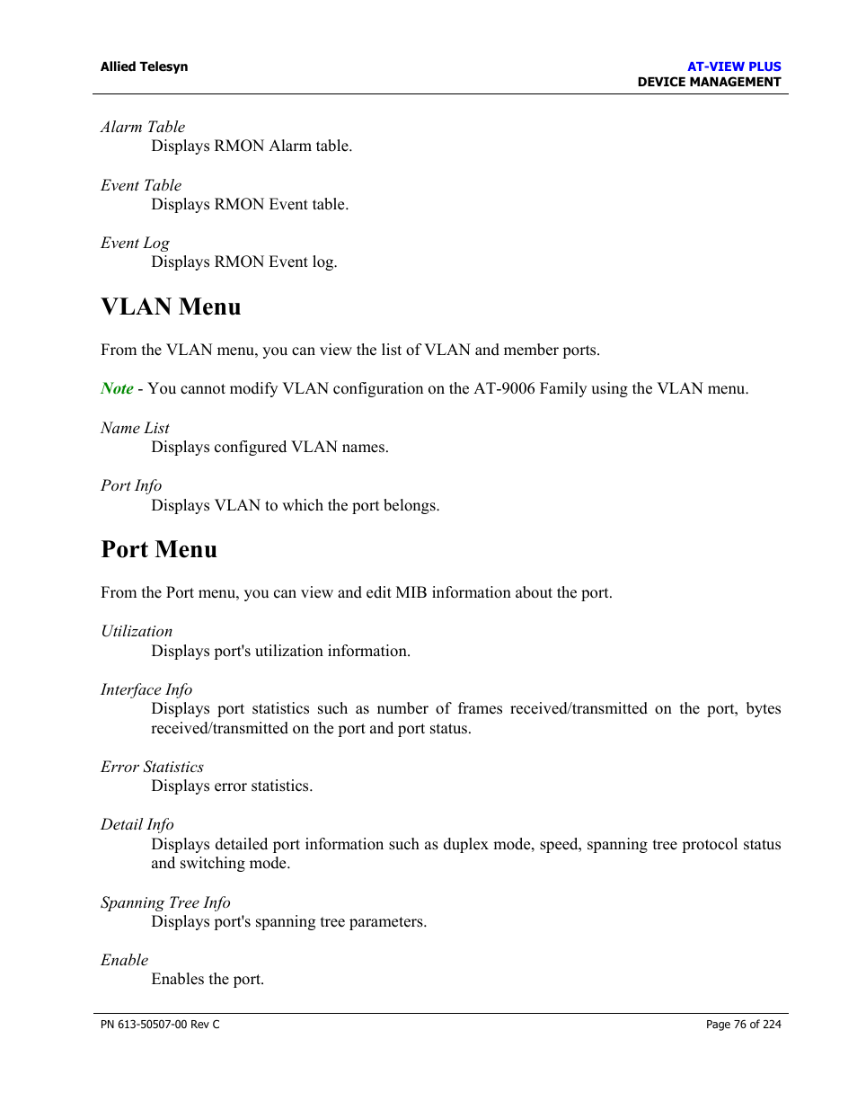 Vlan menu, Port menu | Allied Telesis AT-VIEW PLUS 2.3 DEVICE MANAGEMENT User Manual | Page 76 / 224