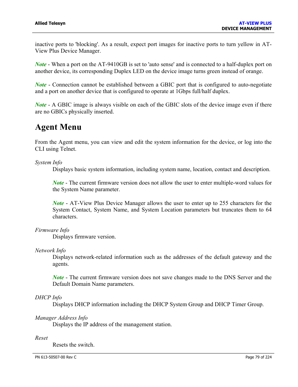 Agent menu | Allied Telesis AT-VIEW PLUS 2.3 DEVICE MANAGEMENT User Manual | Page 79 / 224