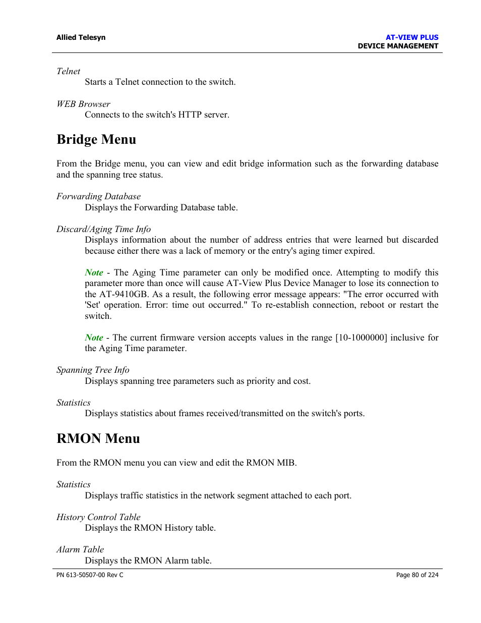 Bridge menu, Rmon menu | Allied Telesis AT-VIEW PLUS 2.3 DEVICE MANAGEMENT User Manual | Page 80 / 224
