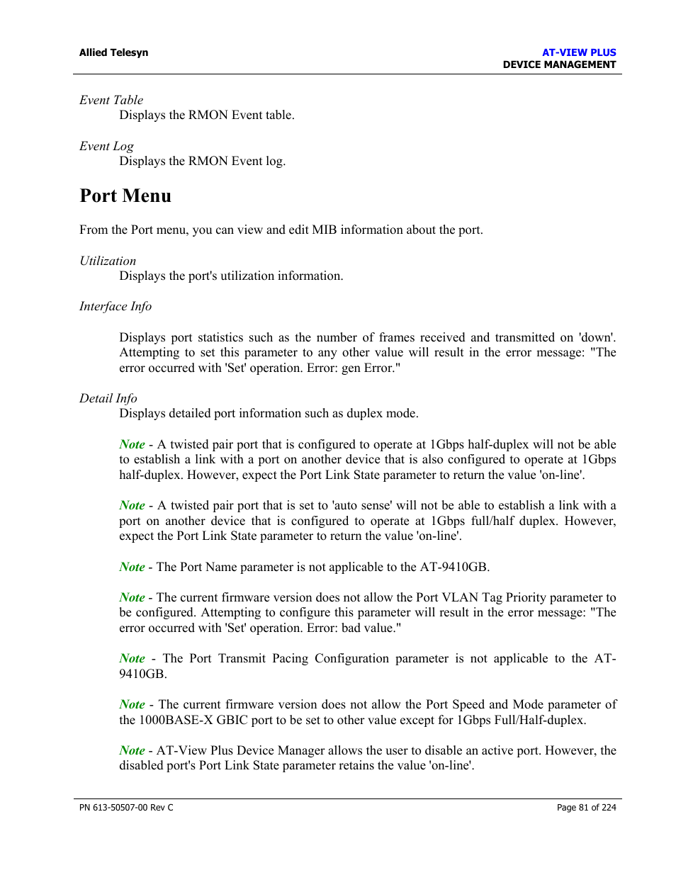 Port menu | Allied Telesis AT-VIEW PLUS 2.3 DEVICE MANAGEMENT User Manual | Page 81 / 224