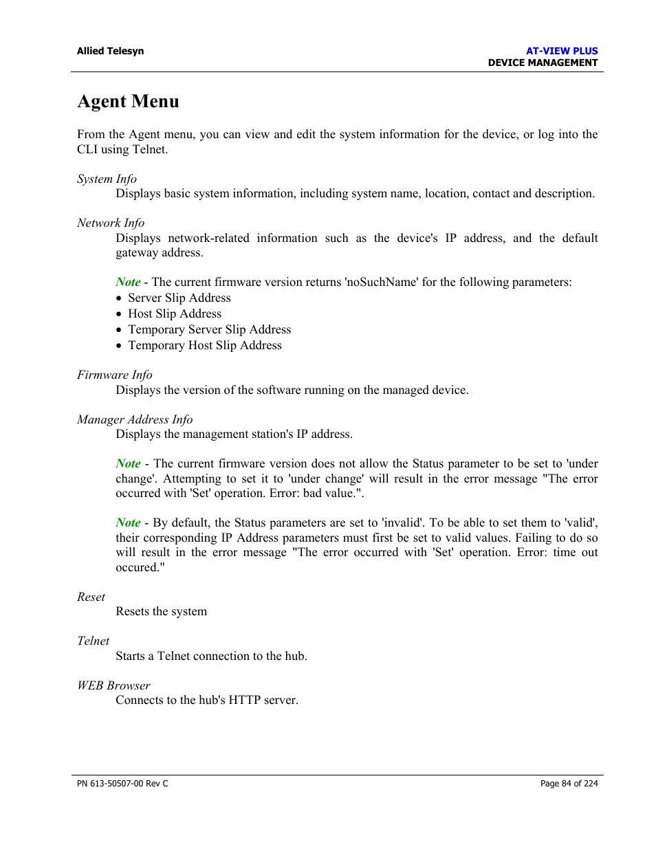 Agent menu | Allied Telesis AT-VIEW PLUS 2.3 DEVICE MANAGEMENT User Manual | Page 84 / 224