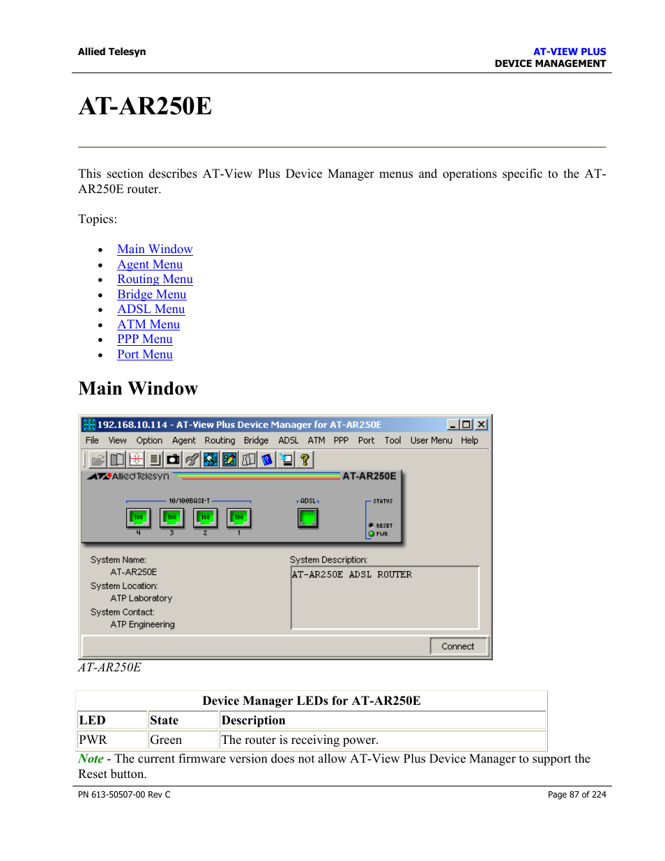 At-ar250e, Main window | Allied Telesis AT-VIEW PLUS 2.3 DEVICE MANAGEMENT User Manual | Page 87 / 224