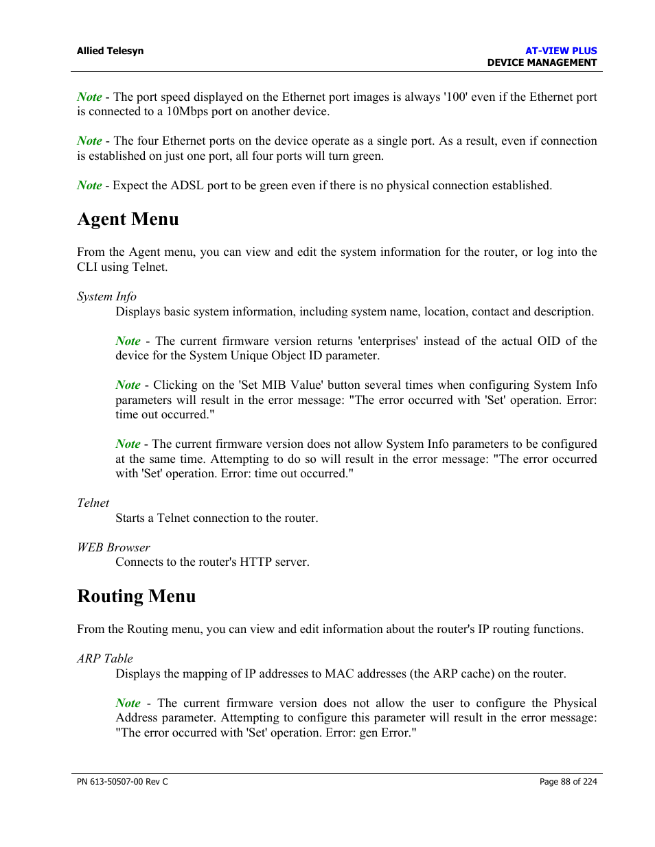 Agent menu, Routing menu | Allied Telesis AT-VIEW PLUS 2.3 DEVICE MANAGEMENT User Manual | Page 88 / 224