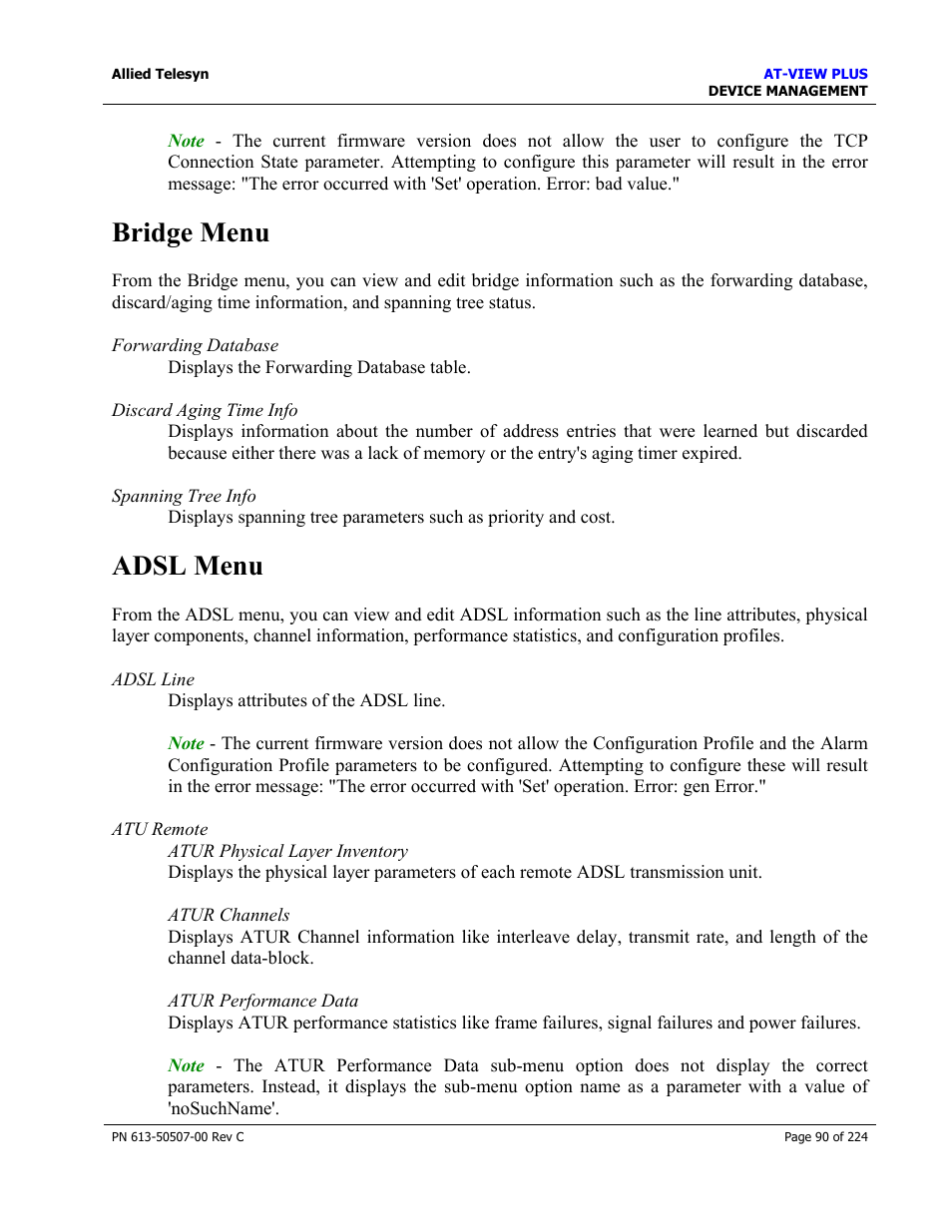 Bridge menu, Adsl menu | Allied Telesis AT-VIEW PLUS 2.3 DEVICE MANAGEMENT User Manual | Page 90 / 224