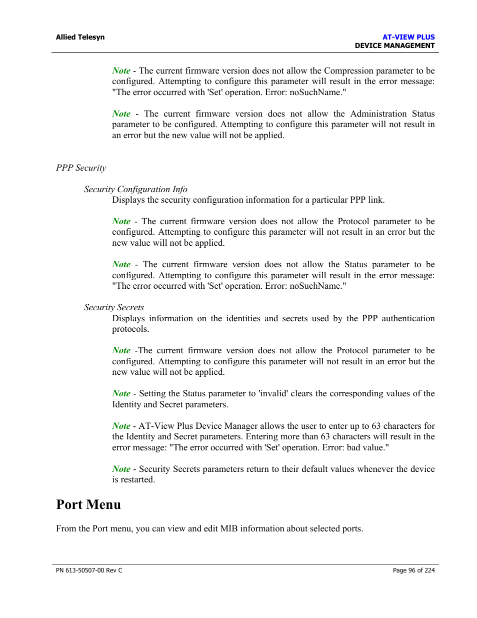 Port menu | Allied Telesis AT-VIEW PLUS 2.3 DEVICE MANAGEMENT User Manual | Page 96 / 224