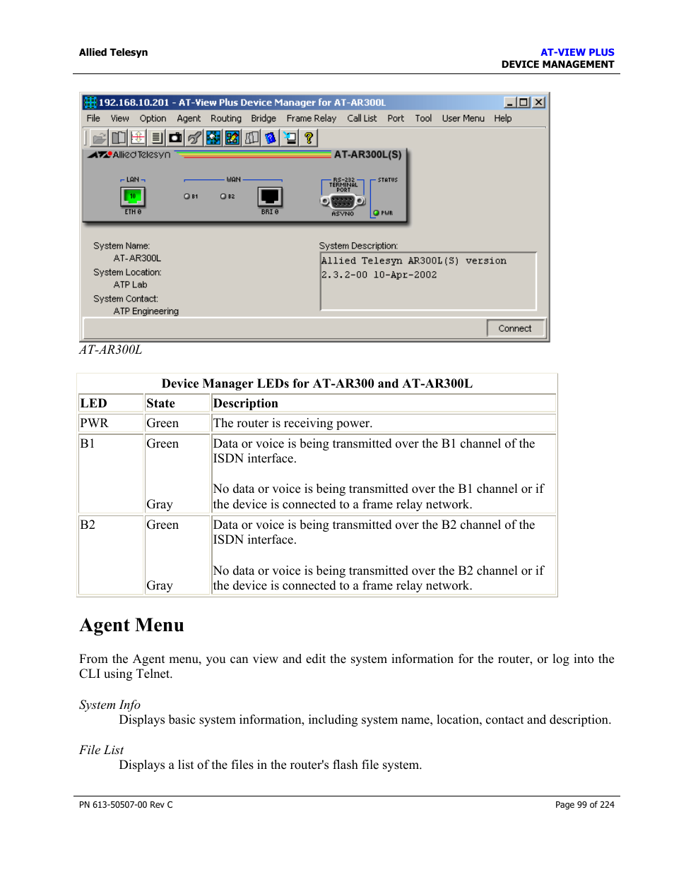 Agent menu | Allied Telesis AT-VIEW PLUS 2.3 DEVICE MANAGEMENT User Manual | Page 99 / 224