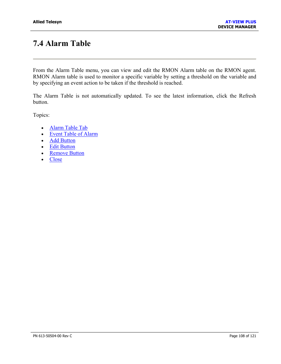 4 alarm table | Allied Telesis AT-VIEW PLUS 2.3 DEVICE MANAGER User Manual | Page 108 / 121