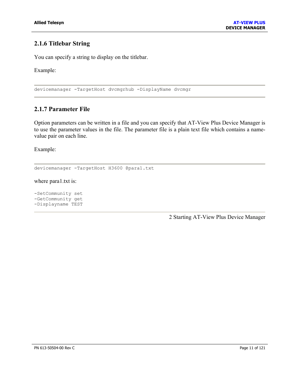6 titlebar string, 7 parameter file | Allied Telesis AT-VIEW PLUS 2.3 DEVICE MANAGER User Manual | Page 11 / 121
