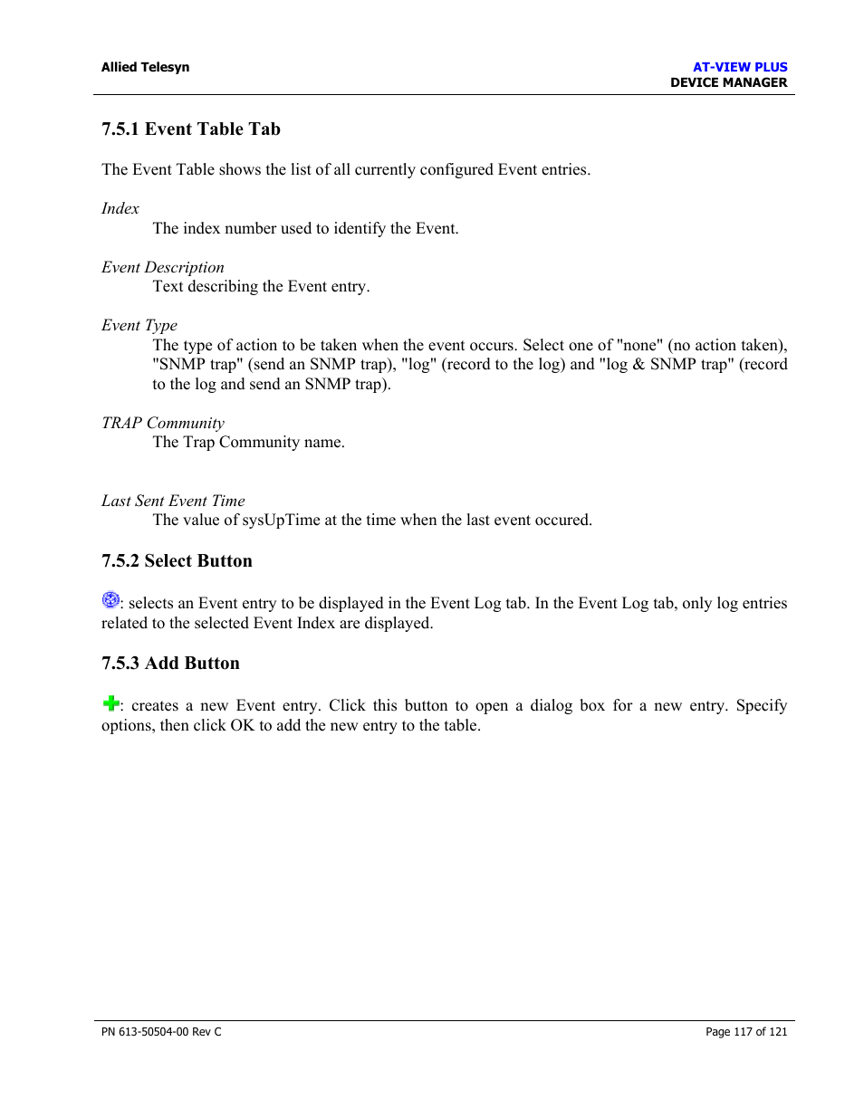1 event table tab, 2 select button, 3 add button | Allied Telesis AT-VIEW PLUS 2.3 DEVICE MANAGER User Manual | Page 117 / 121