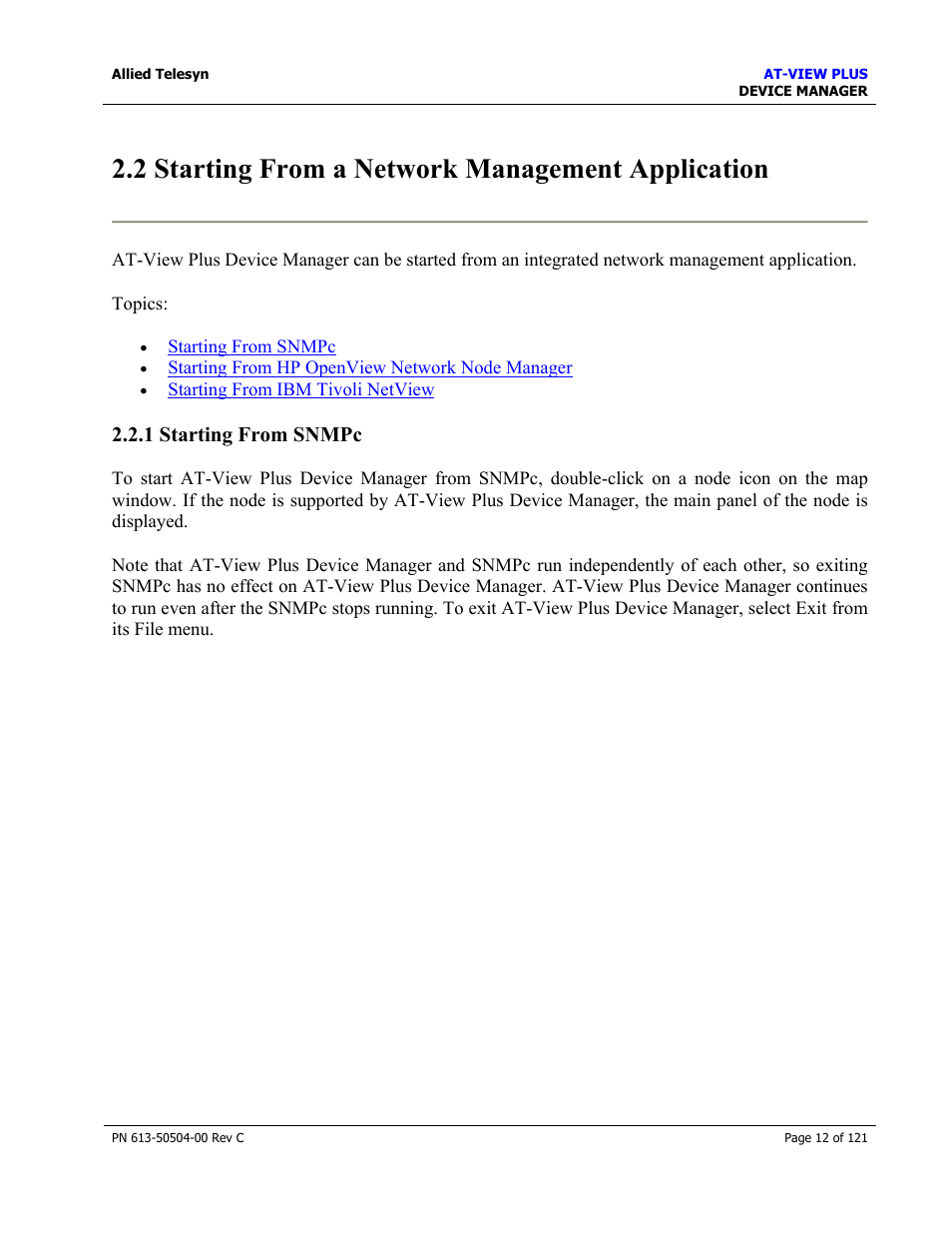 2 starting from a network management application, 1 starting from snmpc | Allied Telesis AT-VIEW PLUS 2.3 DEVICE MANAGER User Manual | Page 12 / 121