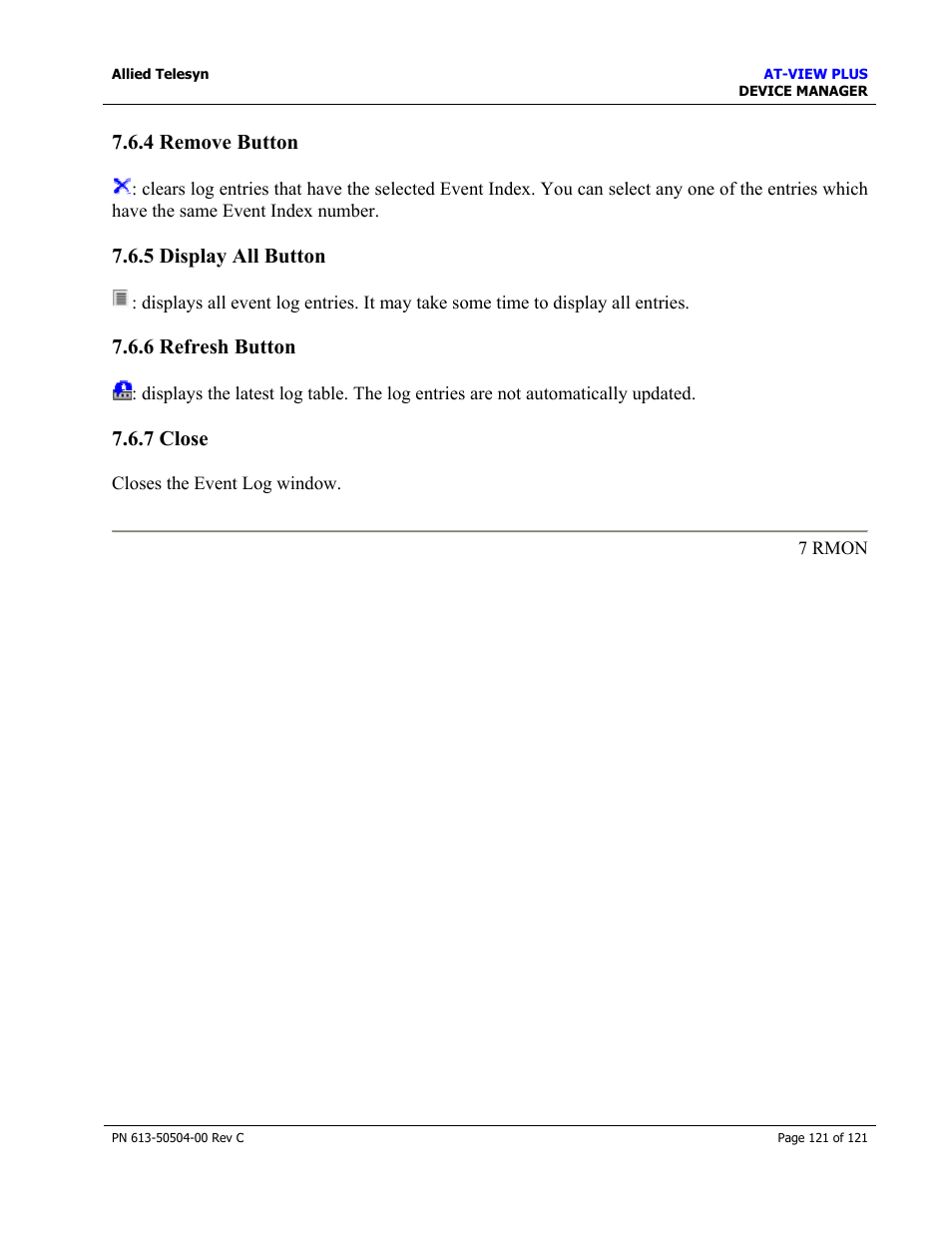 4 remove button, 5 display all button, 6 refresh button | 7 close | Allied Telesis AT-VIEW PLUS 2.3 DEVICE MANAGER User Manual | Page 121 / 121