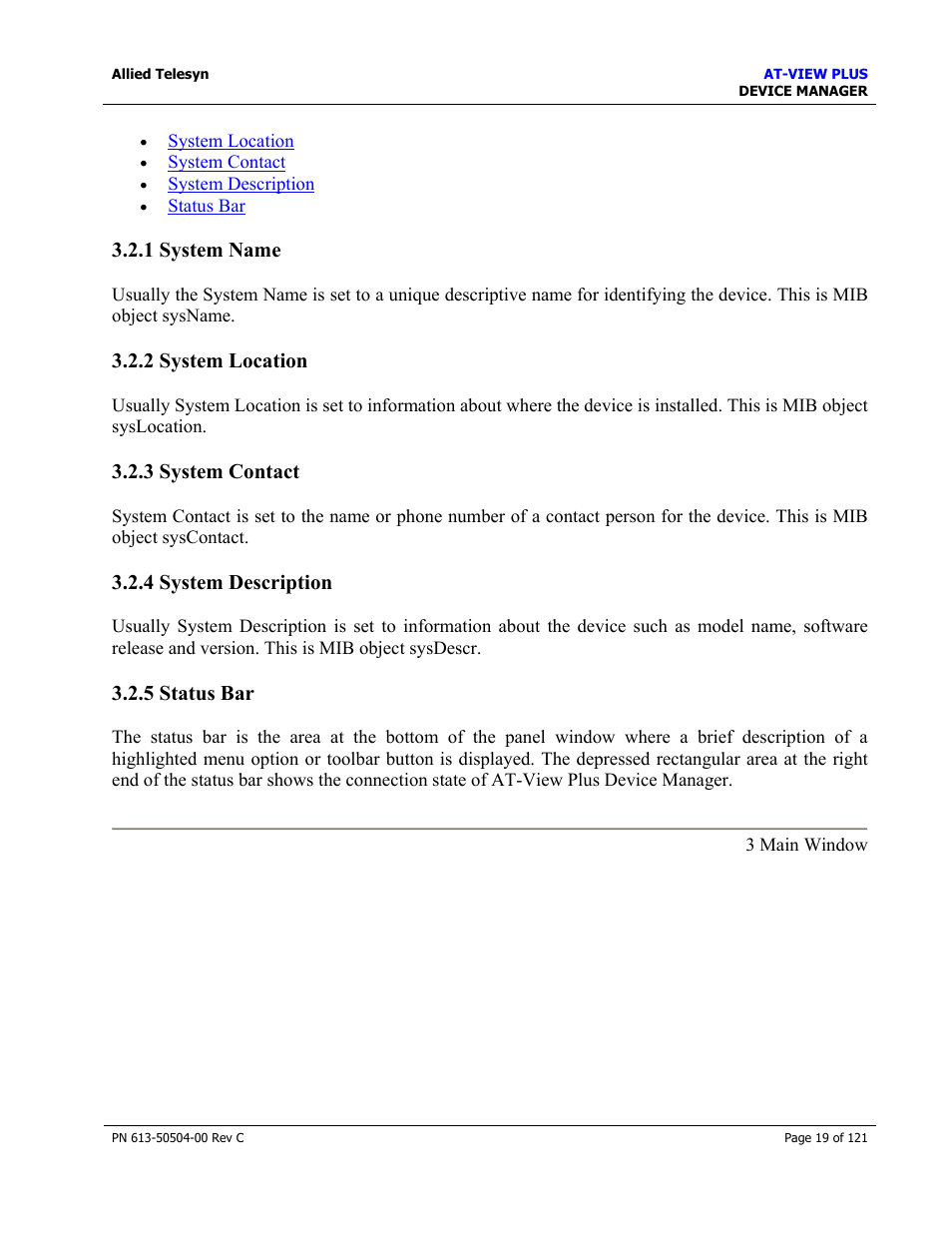 1 system name, 2 system location, 3 system contact | 4 system description, 5 status bar | Allied Telesis AT-VIEW PLUS 2.3 DEVICE MANAGER User Manual | Page 19 / 121