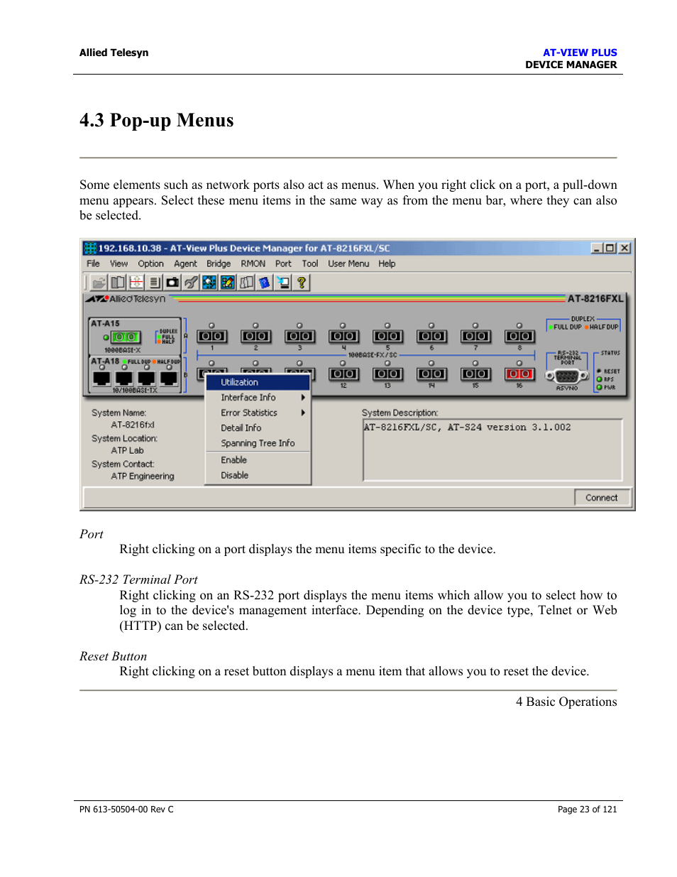3 pop-up menus | Allied Telesis AT-VIEW PLUS 2.3 DEVICE MANAGER User Manual | Page 23 / 121