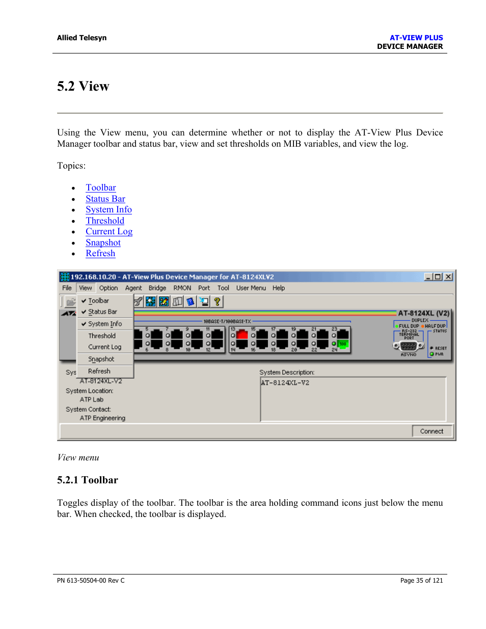 2 view, 1 toolbar | Allied Telesis AT-VIEW PLUS 2.3 DEVICE MANAGER User Manual | Page 35 / 121