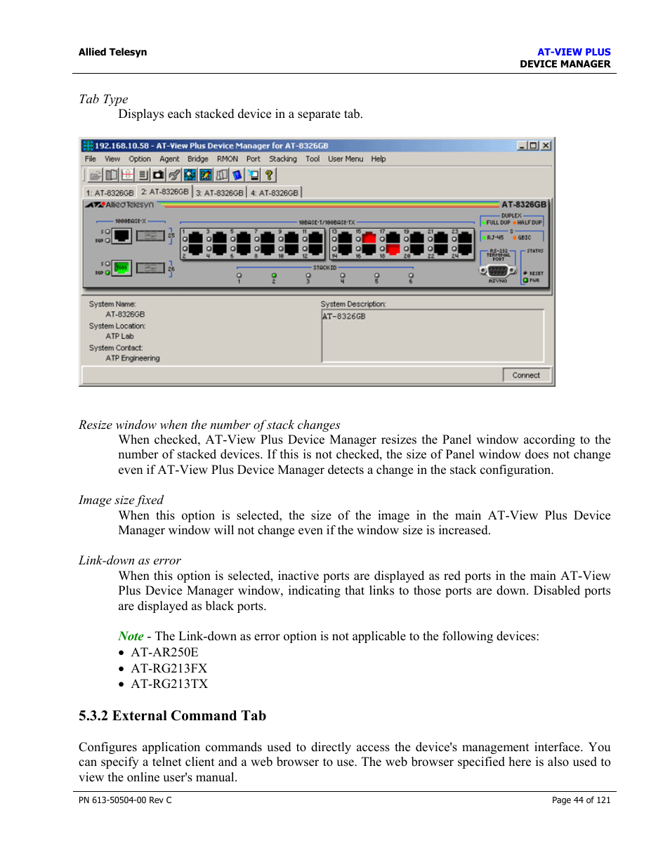 2 external command tab | Allied Telesis AT-VIEW PLUS 2.3 DEVICE MANAGER User Manual | Page 44 / 121