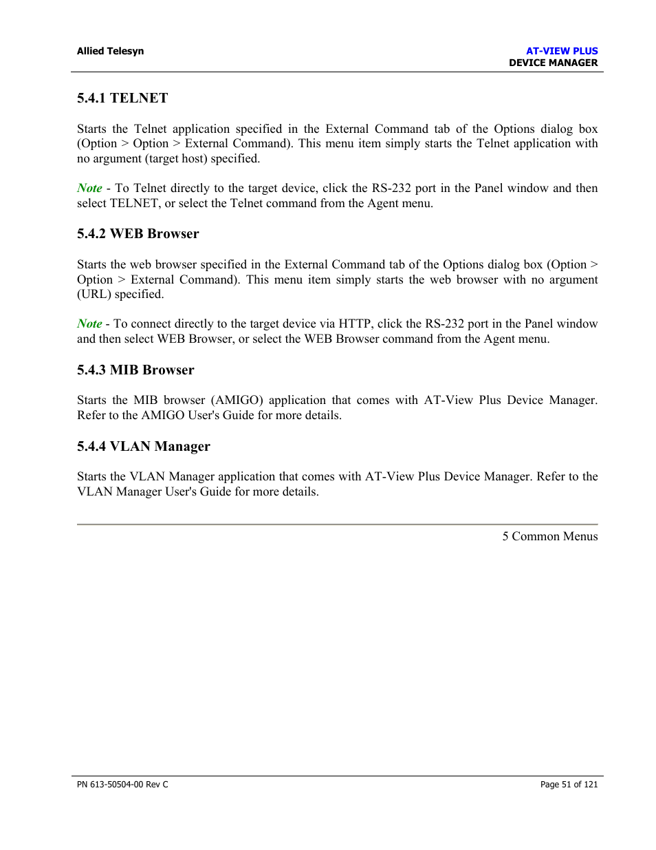 1 telnet, 2 web browser, 3 mib browser | 4 vlan manager | Allied Telesis AT-VIEW PLUS 2.3 DEVICE MANAGER User Manual | Page 51 / 121