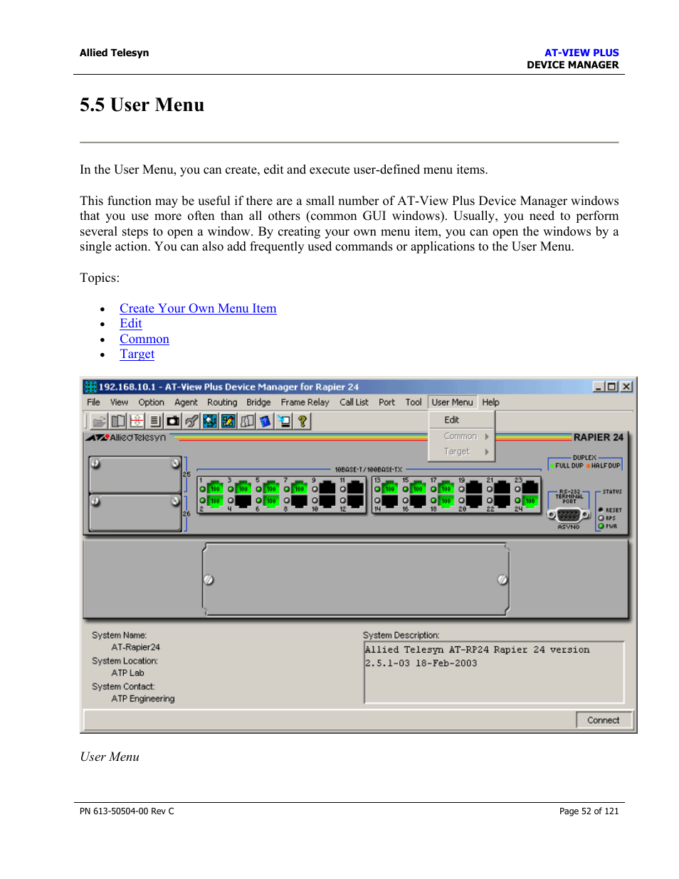5 user menu | Allied Telesis AT-VIEW PLUS 2.3 DEVICE MANAGER User Manual | Page 52 / 121