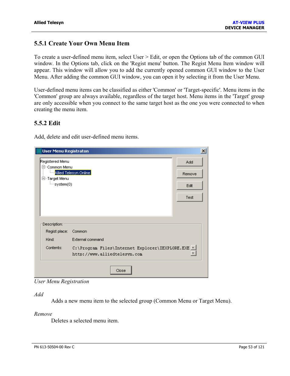 1 create your own menu item, 2 edit | Allied Telesis AT-VIEW PLUS 2.3 DEVICE MANAGER User Manual | Page 53 / 121