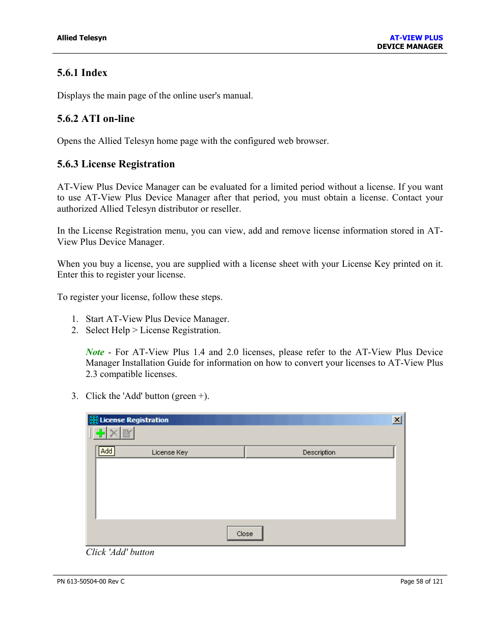 1 index, 2 ati on-line, 3 license registration | Allied Telesis AT-VIEW PLUS 2.3 DEVICE MANAGER User Manual | Page 58 / 121