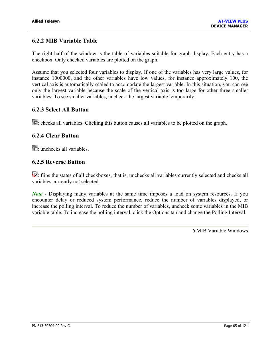 2 mib variable table, 3 select all button, 4 clear button | 5 reverse button | Allied Telesis AT-VIEW PLUS 2.3 DEVICE MANAGER User Manual | Page 65 / 121