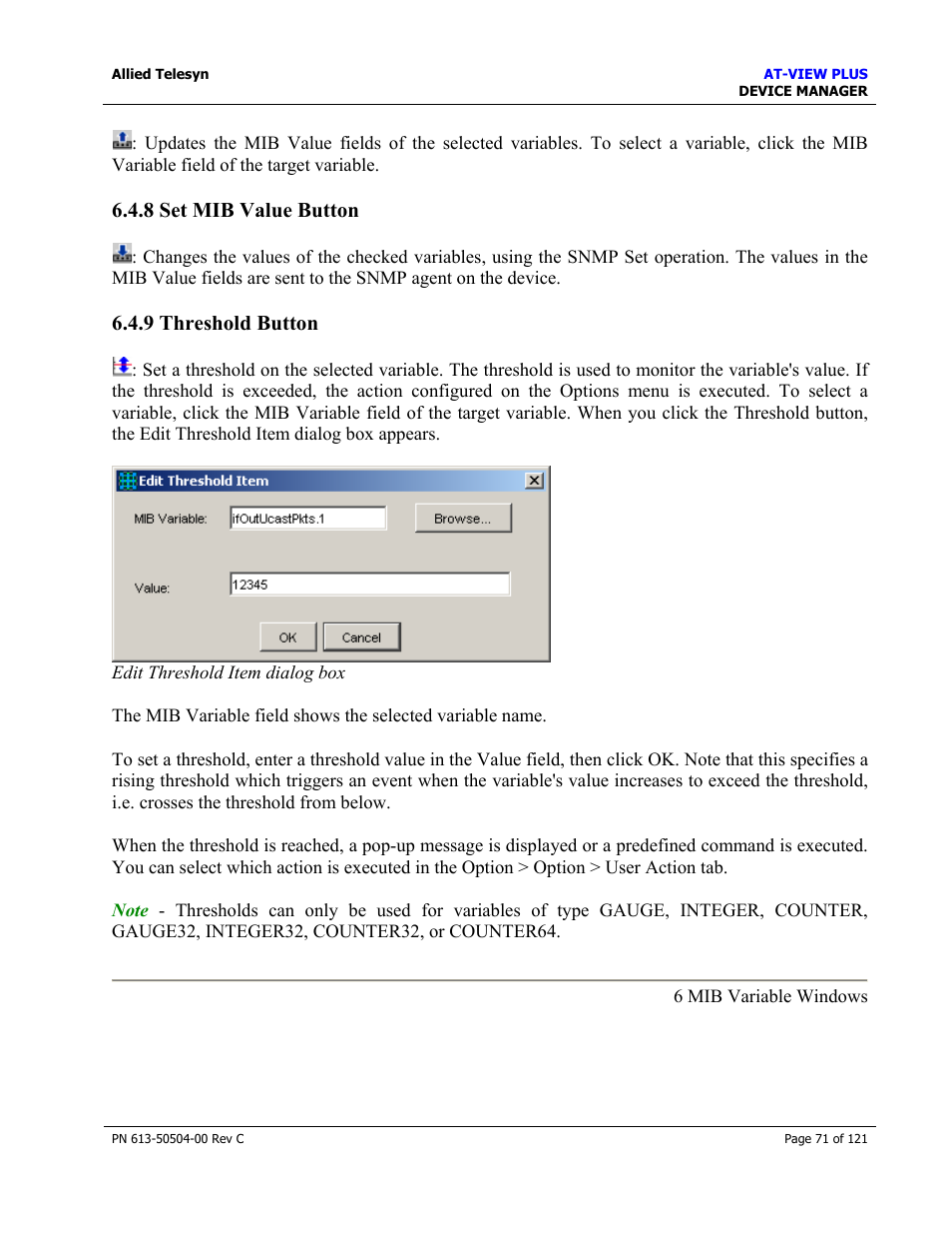 8 set mib value button, 9 threshold button | Allied Telesis AT-VIEW PLUS 2.3 DEVICE MANAGER User Manual | Page 71 / 121
