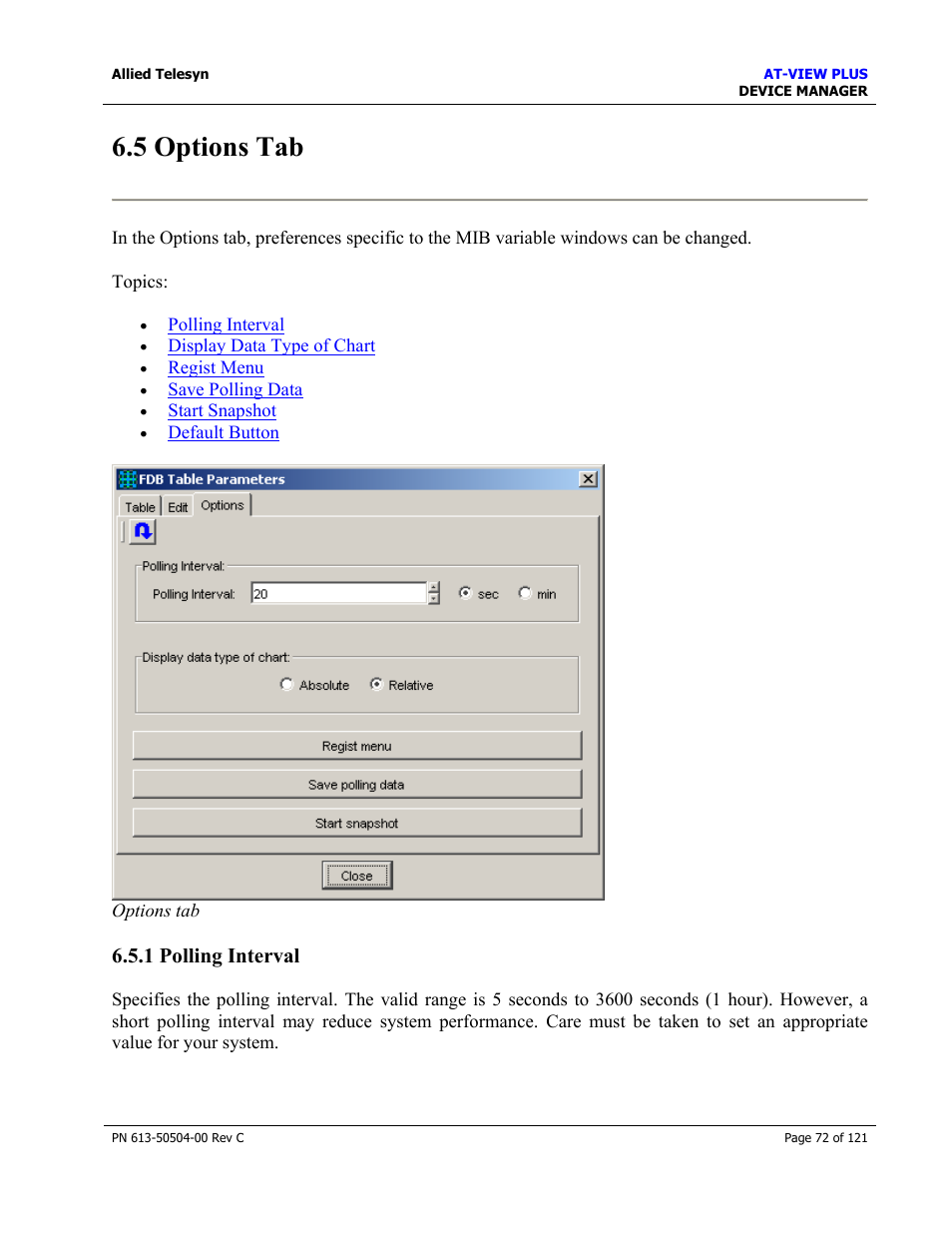 5 options tab, 1 polling interval | Allied Telesis AT-VIEW PLUS 2.3 DEVICE MANAGER User Manual | Page 72 / 121