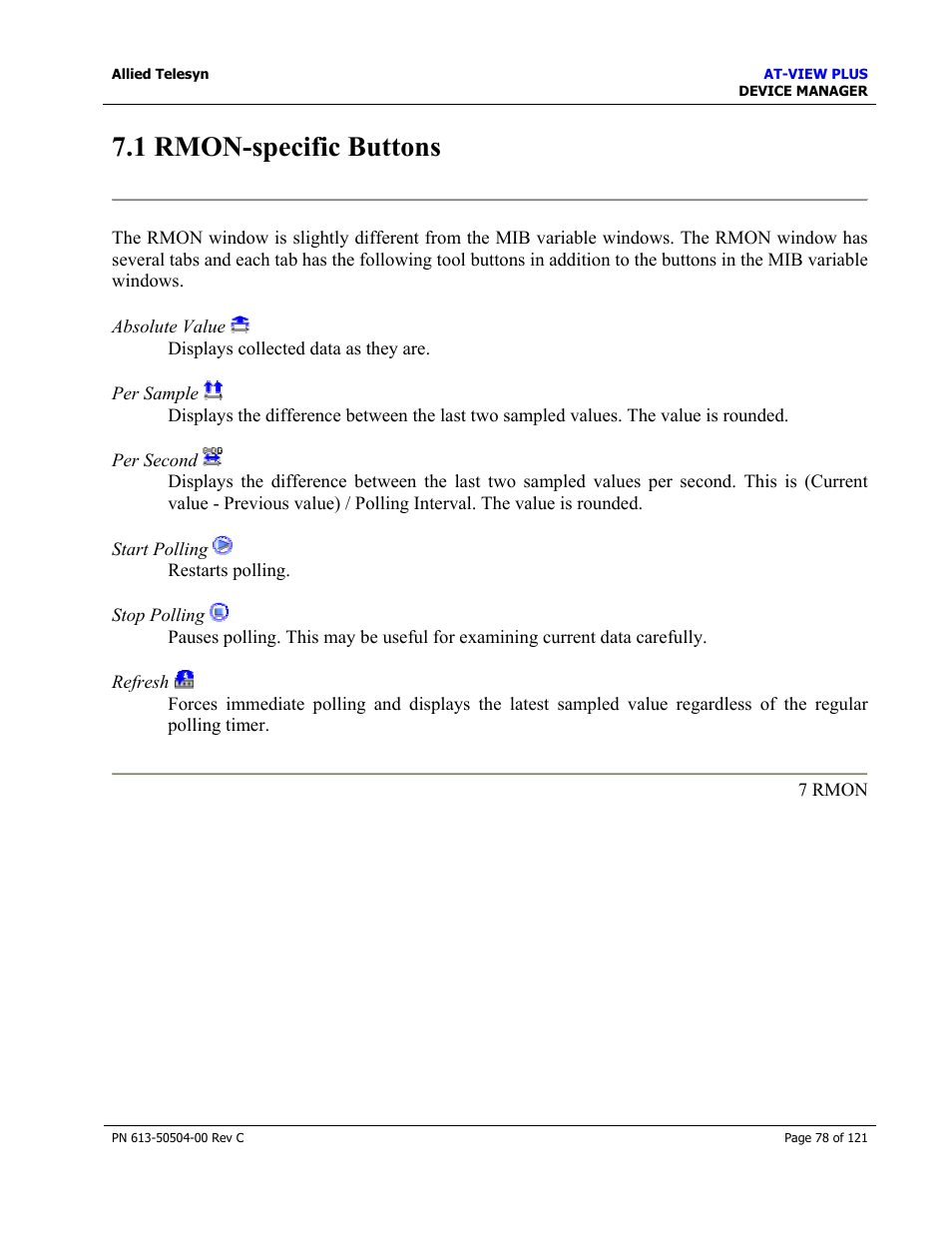 1 rmon-specific buttons | Allied Telesis AT-VIEW PLUS 2.3 DEVICE MANAGER User Manual | Page 78 / 121