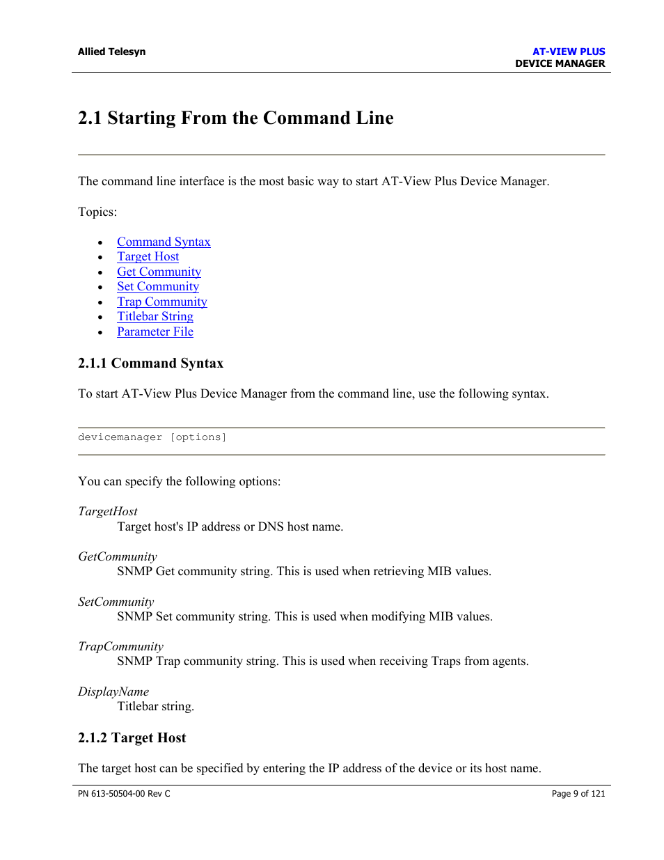 1 starting from the command line, 1 command syntax, 2 target host | Allied Telesis AT-VIEW PLUS 2.3 DEVICE MANAGER User Manual | Page 9 / 121