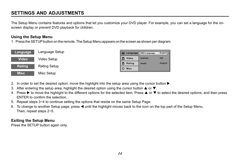 Settings and adjustments | Audiovox Movies2Go 128-8290 User Manual | Page 14 / 28