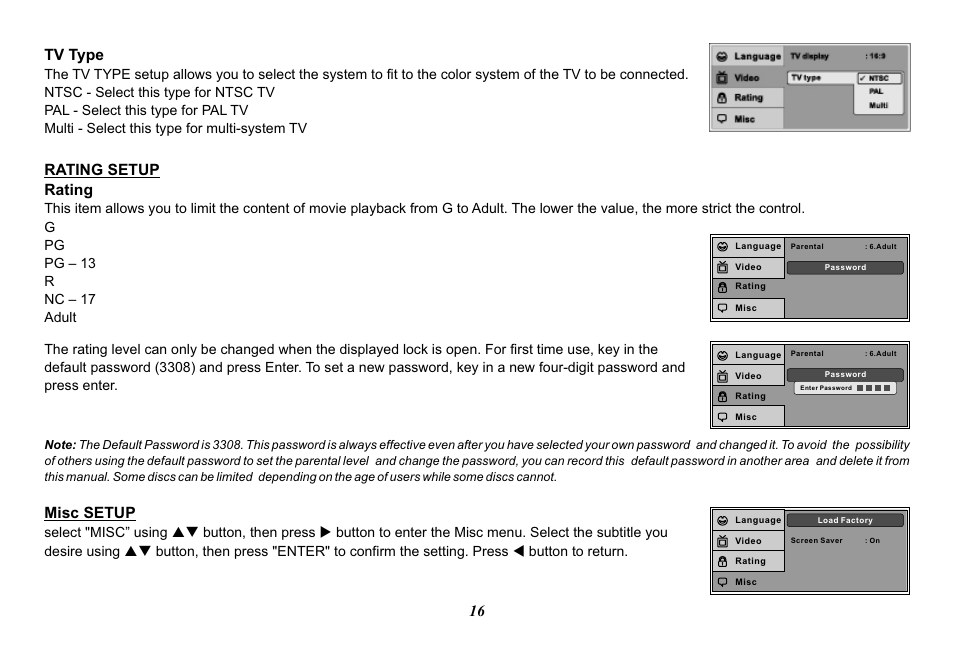 16 tv type, Misc setup, Rating setup rating | Audiovox Movies2Go 128-8290 User Manual | Page 16 / 28