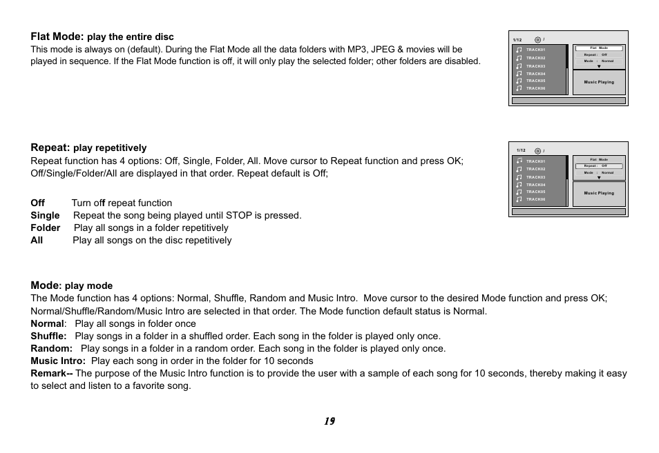 19 15 flat mode, Repeat, Mode | Play the entire disc | Audiovox Movies2Go 128-8290 User Manual | Page 19 / 28