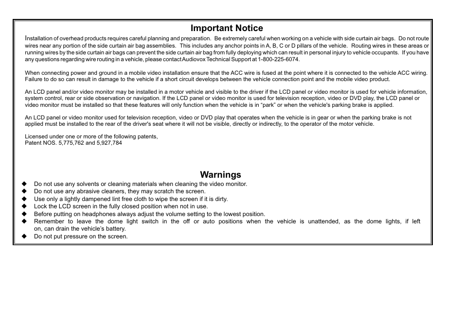 Warnings, Important notice | Audiovox Movies2Go 128-8290 User Manual | Page 2 / 28