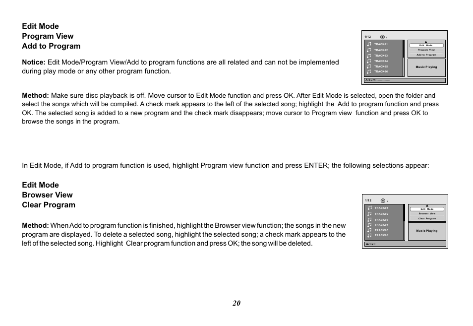 20 edit mode program view add to program, Edit mode browser view clear program | Audiovox Movies2Go 128-8290 User Manual | Page 20 / 28