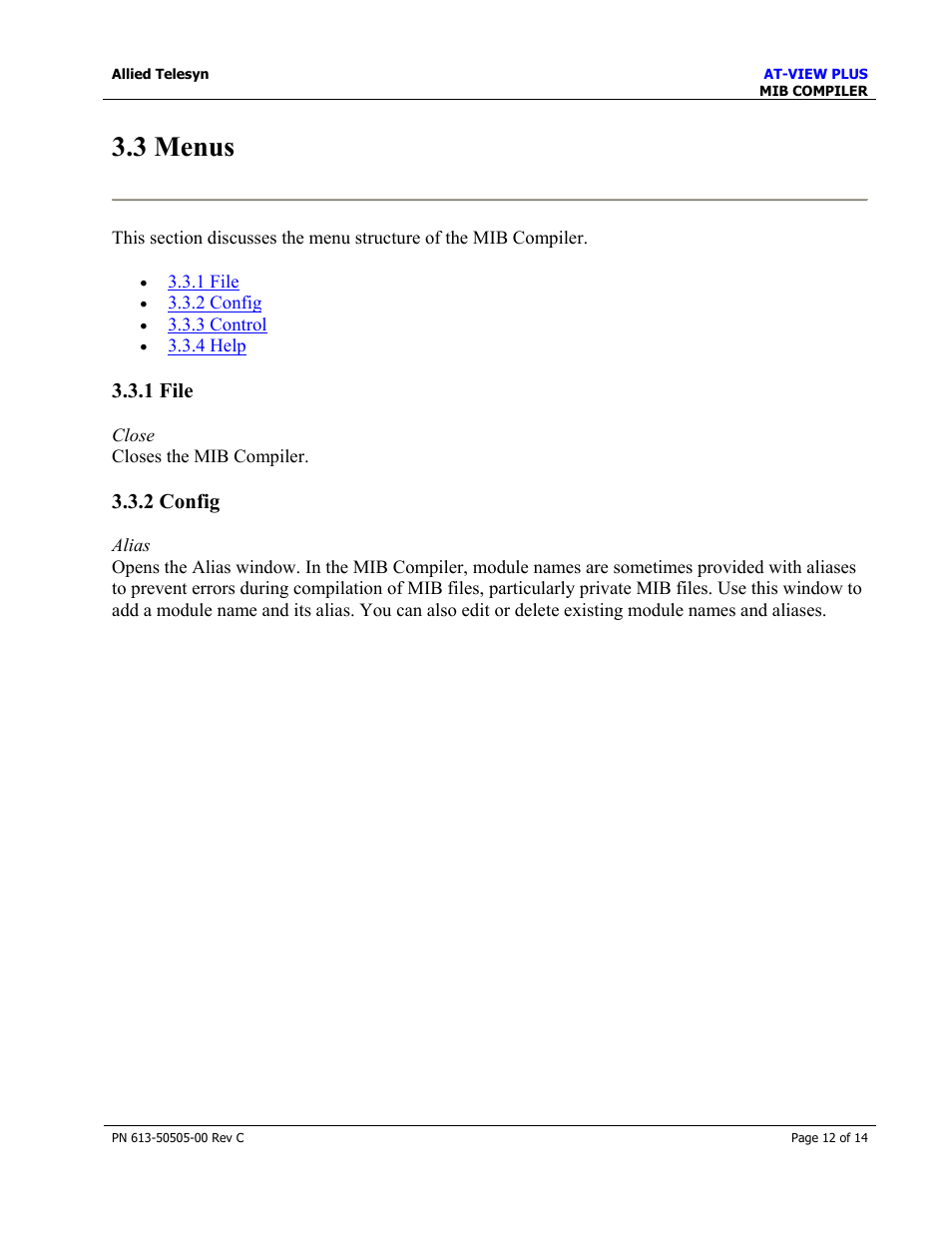 3 menus, 1 file, 2 config | Allied Telesis AT-VIEW PLUS 2.3 MIB COMPILER User Manual | Page 12 / 14