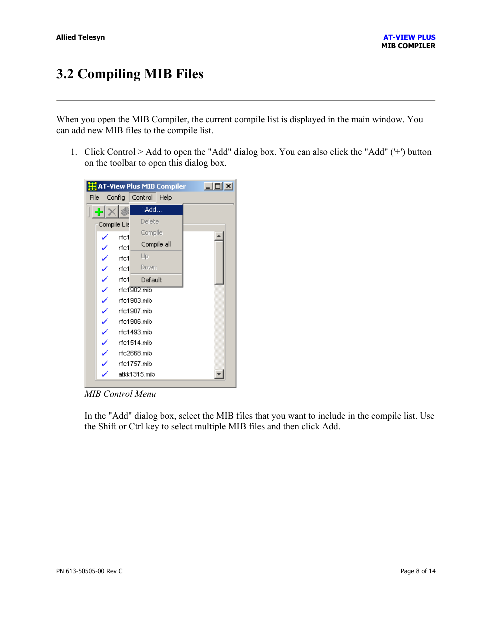 2 compiling mib files | Allied Telesis AT-VIEW PLUS 2.3 MIB COMPILER User Manual | Page 8 / 14
