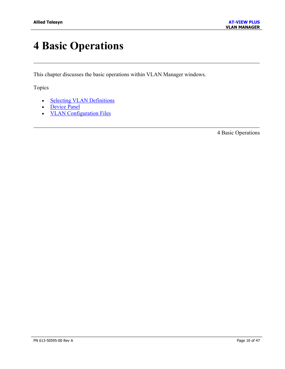 4 basic operations | Allied Telesis AT-VIEW PLUS 2.3 VLAN MANAGER User Manual | Page 10 / 47