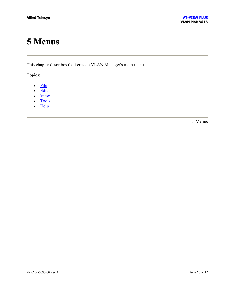 5 menus | Allied Telesis AT-VIEW PLUS 2.3 VLAN MANAGER User Manual | Page 15 / 47
