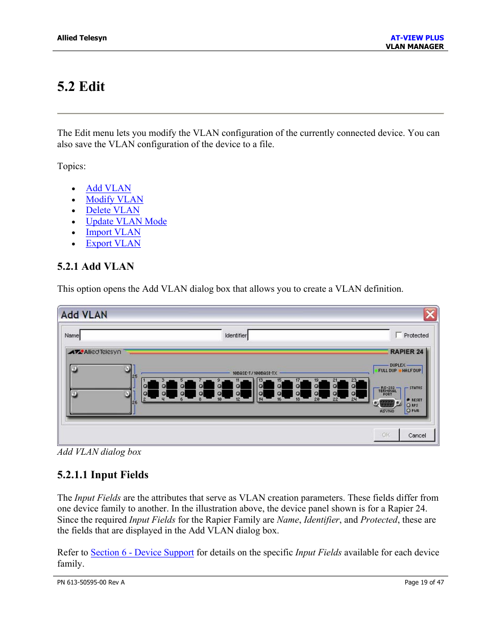 2 edit, 1 add vlan, 1 input fields | Allied Telesis AT-VIEW PLUS 2.3 VLAN MANAGER User Manual | Page 19 / 47