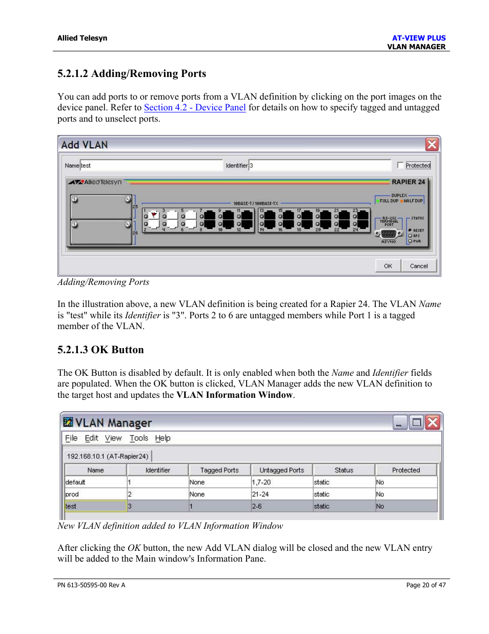 2 adding/removing ports, 3 ok button | Allied Telesis AT-VIEW PLUS 2.3 VLAN MANAGER User Manual | Page 20 / 47