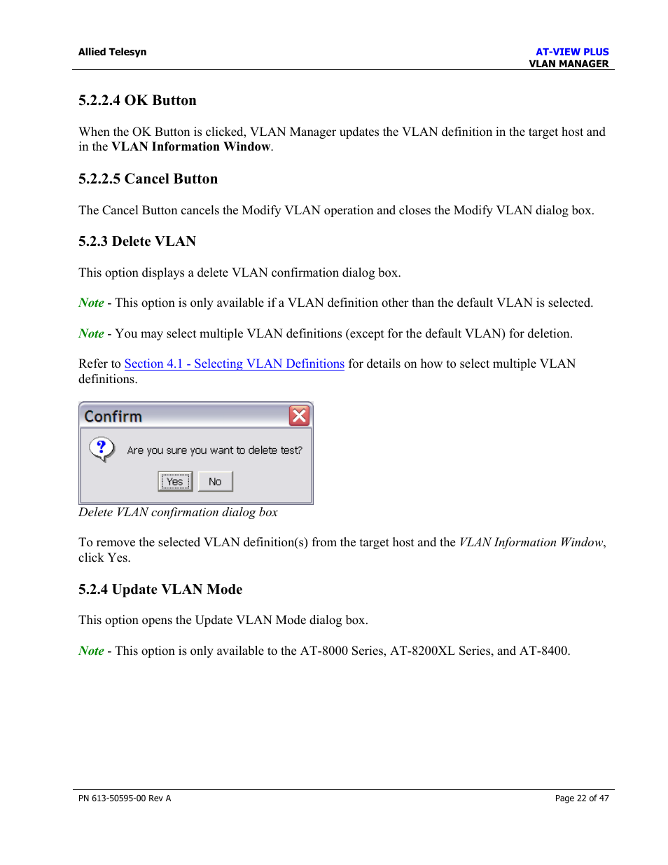 4 ok button, 5 cancel button, 3 delete vlan | 4 update vlan mode | Allied Telesis AT-VIEW PLUS 2.3 VLAN MANAGER User Manual | Page 22 / 47