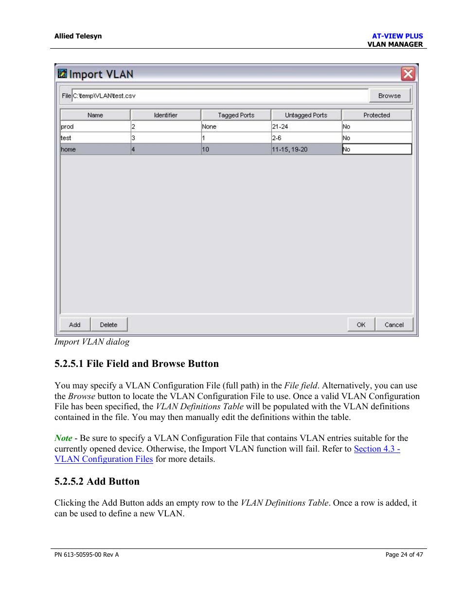 1 file field and browse button, 2 add button | Allied Telesis AT-VIEW PLUS 2.3 VLAN MANAGER User Manual | Page 24 / 47