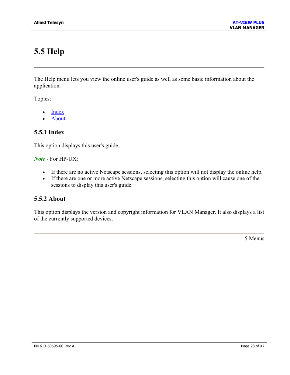 5 help, 1 index, 2 about | Allied Telesis AT-VIEW PLUS 2.3 VLAN MANAGER User Manual | Page 28 / 47