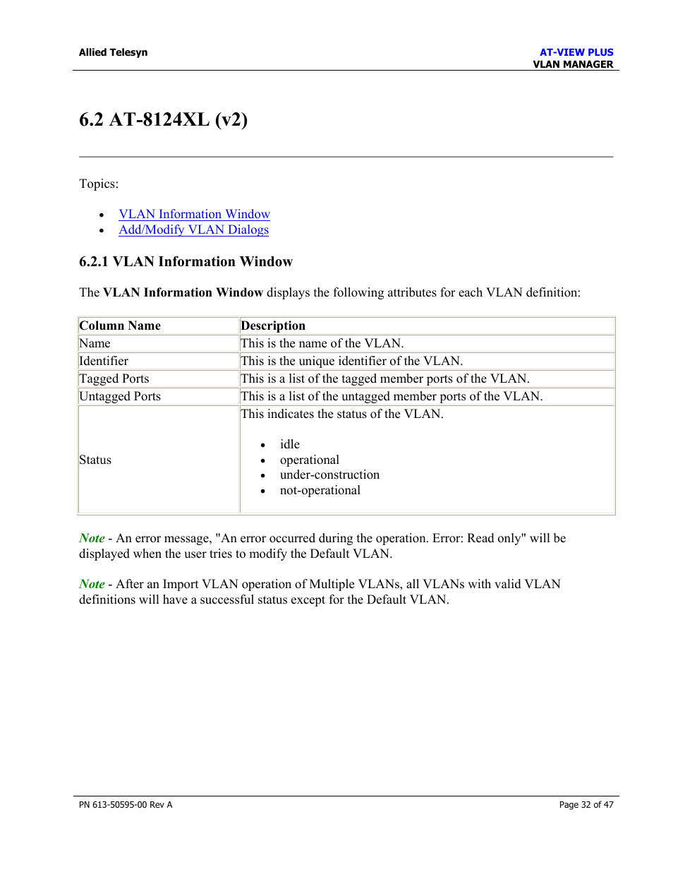 1 vlan information window | Allied Telesis AT-VIEW PLUS 2.3 VLAN MANAGER User Manual | Page 32 / 47