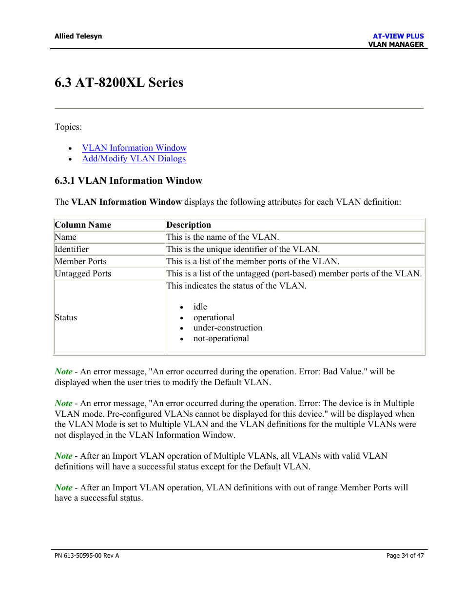 1 vlan information window | Allied Telesis AT-VIEW PLUS 2.3 VLAN MANAGER User Manual | Page 34 / 47