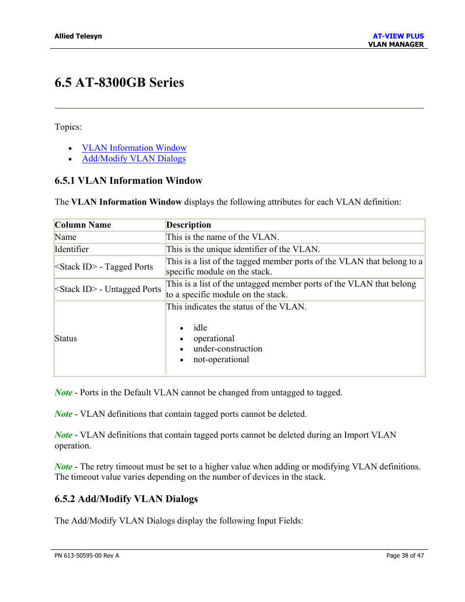1 vlan information window, 2 add/modify vlan dialogs | Allied Telesis AT-VIEW PLUS 2.3 VLAN MANAGER User Manual | Page 38 / 47