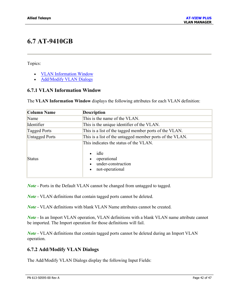 1 vlan information window, 2 add/modify vlan dialogs | Allied Telesis AT-VIEW PLUS 2.3 VLAN MANAGER User Manual | Page 42 / 47